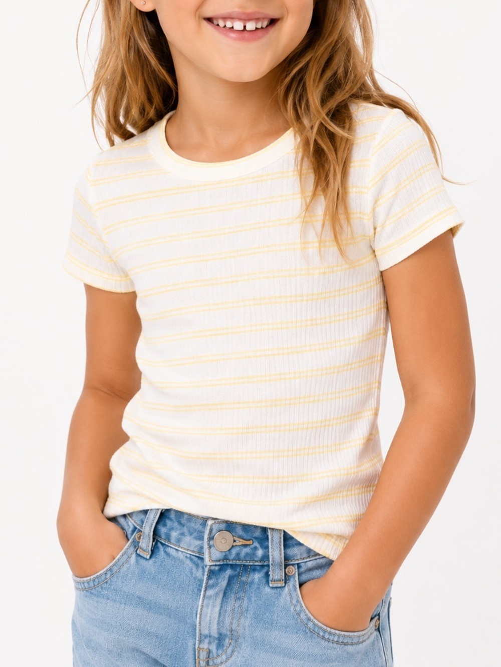 PEKKLE Ribbed Yellow Stripe Tee Kids Size 6 Soft Stretch Short Sleeve Top